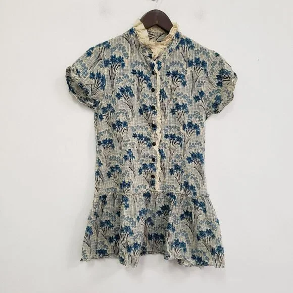 Free People Womens Boho Ruffle Tunic Top Size XS Blue Button Floral Short Sleeve - Picture 1 of 13